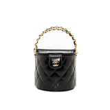 thumbnail Double Sided In Black Shiny Lambskin Quilted Round Top Handle Vanity Bag GHW With Chain - L'UXE LINK