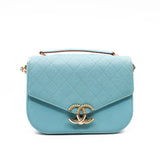 thumbnail Medium Thread Around Light Blue Grained Calfskin Quilted Cuba Top Handle Flap Bag GHW Seri 23 - L'UXE LINK