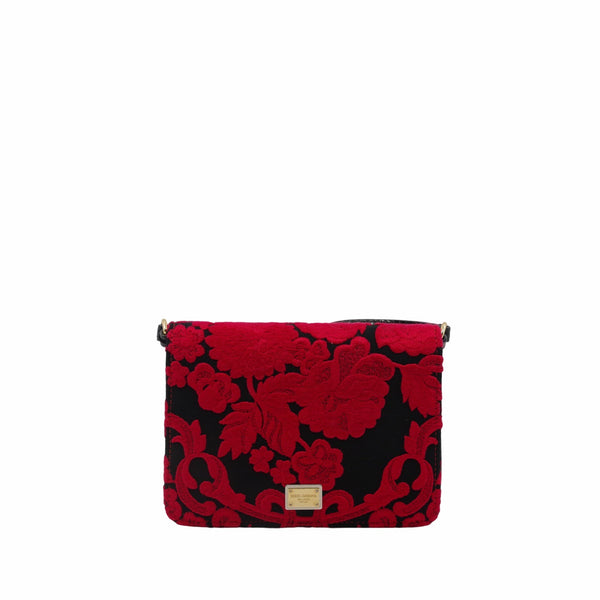 Ayers-Paneled Embroidered Satin Shoulder Bag Black Red