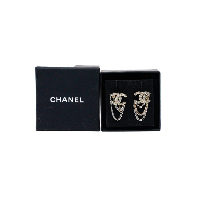 chanel cc logo earring with chain whith crystal gold and silver