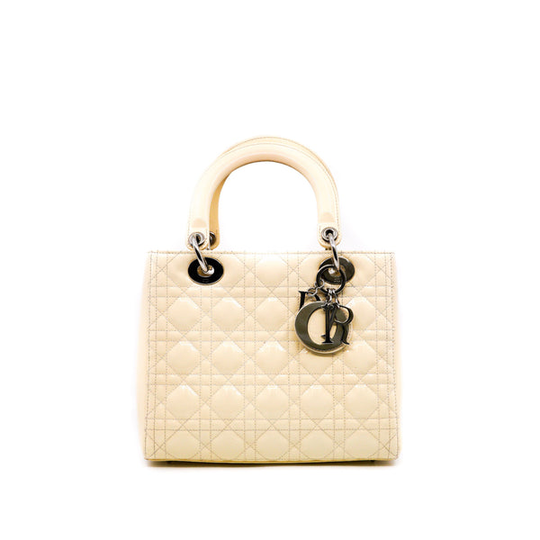 Medium Lady Dior Bag Patent Leather Beige White PHW With Strap