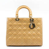 thumbnail Large Cannage Lady Dior In Dark Beige Patent Leather Handbag GHW With Strap - L'UXE LINK