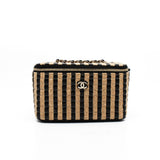 thumbnail Small Black And Beige Raffia Jute Striped Vanity Case With Chain GHW Seri 30 - L'UXE LINK