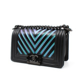thumbnail Small Leboy In Black/Iridescent Chevron Embossed Calfskin Flap Bag PHW Seri 24 - L'UXE LINK