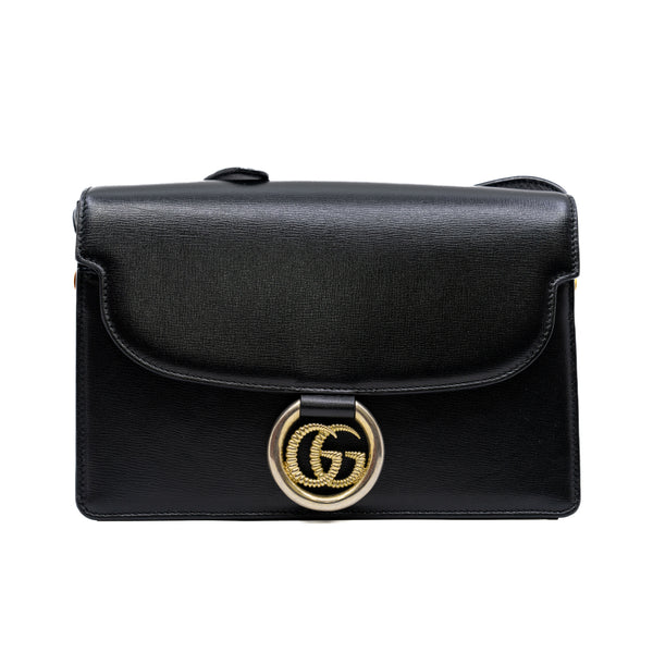 GG buckle flap side bag in gross leather black ghw