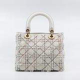 thumbnail Medium Beaded Fringe Lady Dior In White Lambskin Handbag GHW With Strap - L'UXE LINK