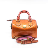 thumbnail MCM Bronze/Pink Monogram Patent Leather Boston Bag GHW With Strap - L'UXE LINK