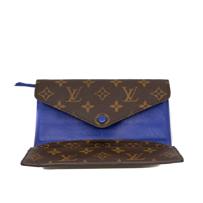 Sarah tri-fold long flap wallet in monogram/blue