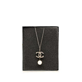 thumbnail long necklace crystal logo pandent with pearl in phw - L'UXE LINK