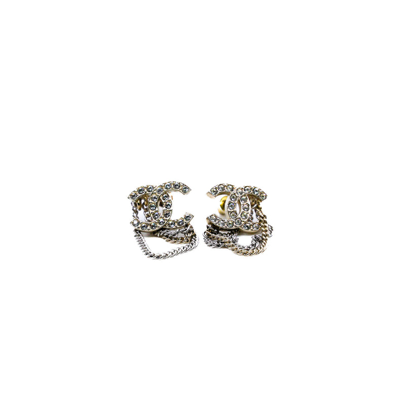 chanel cc logo earring with chain whith crystal gold and silver