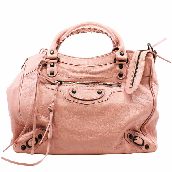 City tote side bag leather pink  Antique Brass Hardware