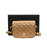 thumbnail Mini Beige Shiny Calfskin Quilted Messenger Flap Bag GHW - L'UXE LINK