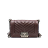 thumbnail Small Chevron Leboy In Lambskin Burgundy Flap Bag PHW Seri 19 - L'UXE LINK