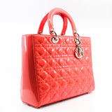 thumbnail Large Cannage Lady Dior In Orange Red Patent Leather Handbag PHW With Strap - L'UXE LINK