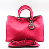 thumbnail Large Ostrich Diorissimo In Fuchsia/Brown Handbag PHW With Strap - L'UXE LINK