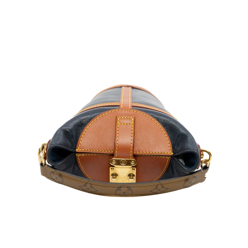 Duffle Bag In Leather Navy Mix Monogram Brown With Shoulder Strap