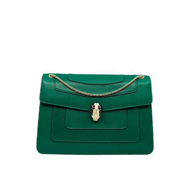 Serpenti Medium Forever Shoulder Bag Green Calf Leather Ghw With Strap