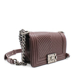 thumbnail Small Chevron Leboy In Lambskin Burgundy Flap Bag PHW Seri 19 - L'UXE LINK