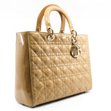 thumbnail Large Cannage Lady Dior In Dark Beige Patent Leather Handbag GHW With Strap - L'UXE LINK