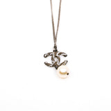 thumbnail long necklace crystal logo pandent with pearl in phw - L'UXE LINK