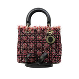 thumbnail Medium Lady Dior In Pink/Black/Multicolor Tweed Fringe Cannage Embroidered Handbag PHW With Strap - L'UXE LINK