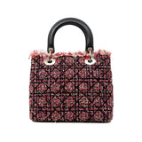 thumbnail Medium Lady Dior In Pink/Black/Multicolor Tweed Fringe Cannage Embroidered Handbag PHW With Strap - L'UXE LINK