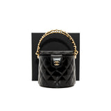 thumbnail Double Sided In Black Shiny Lambskin Quilted Round Top Handle Vanity Bag GHW With Chain - L'UXE LINK