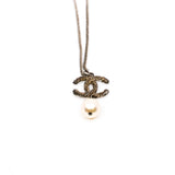 thumbnail long necklace crystal logo pandent with pearl in phw - L'UXE LINK