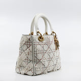 thumbnail Medium Beaded Fringe Lady Dior In White Lambskin Handbag GHW With Strap - L'UXE LINK