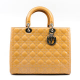 thumbnail Large Cannage Lady Dior In Yellow Beige Patent Leather Handbag PHW With Strap - L'UXE LINK