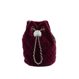 thumbnail Mini Drawstring Bucket Bag Burgundy Velvet And Crystal Studded Pearl GHW Seri 30 - L'UXE LINK