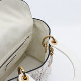 thumbnail Medium Beaded Fringe Lady Dior In White Lambskin Handbag GHW With Strap - L'UXE LINK