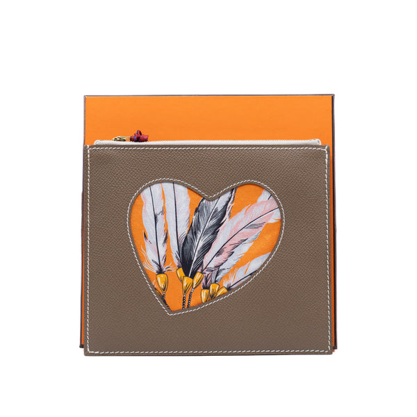 zippy pouch etoupe with orange feather silk green behind