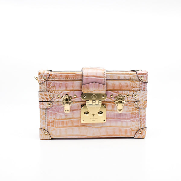 petite malle crocodile pink with gold glittering ghw