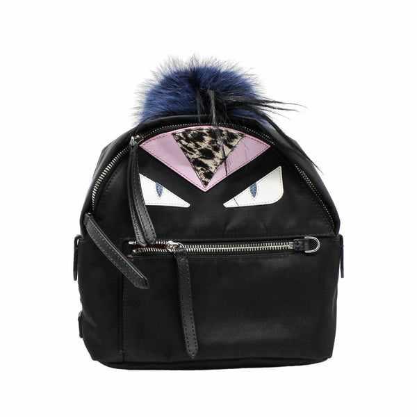 MONSTER BACKPACK MINI NYLON WITH LEATHER AND FUR BLACK PHW