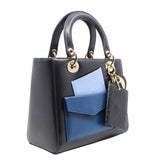 thumbnail lady dior medium black mix navy pocket calf skin in ghw - L'UXE LINK