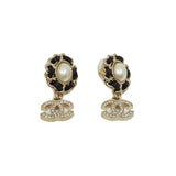 thumbnail oval pearl leather chain around with cc crystal pandent earring ghw - L'UXE LINK