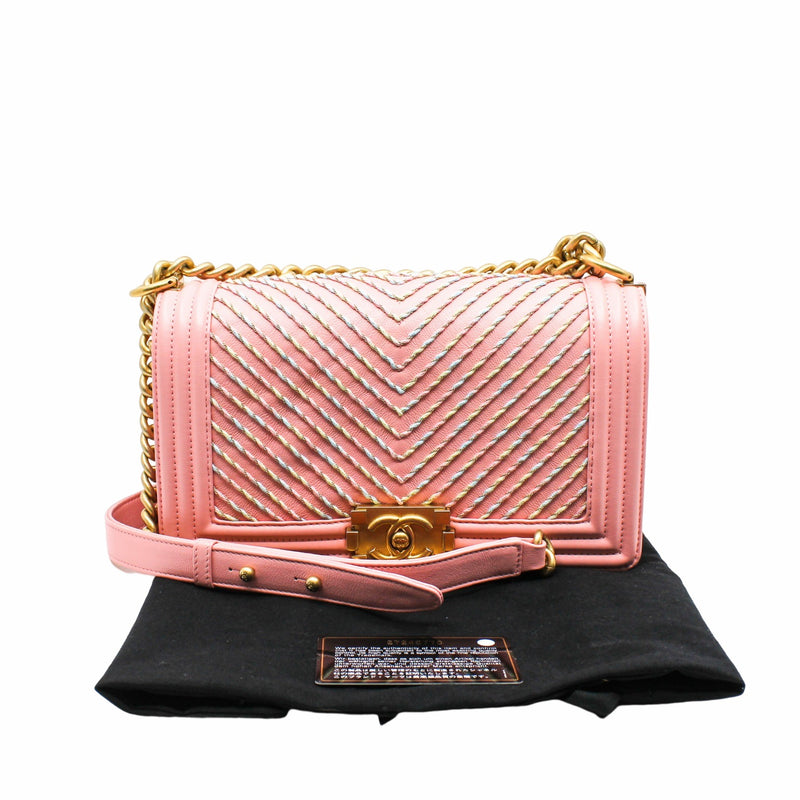 leboy medium leather  pink with colorful stripe ghw seri 27