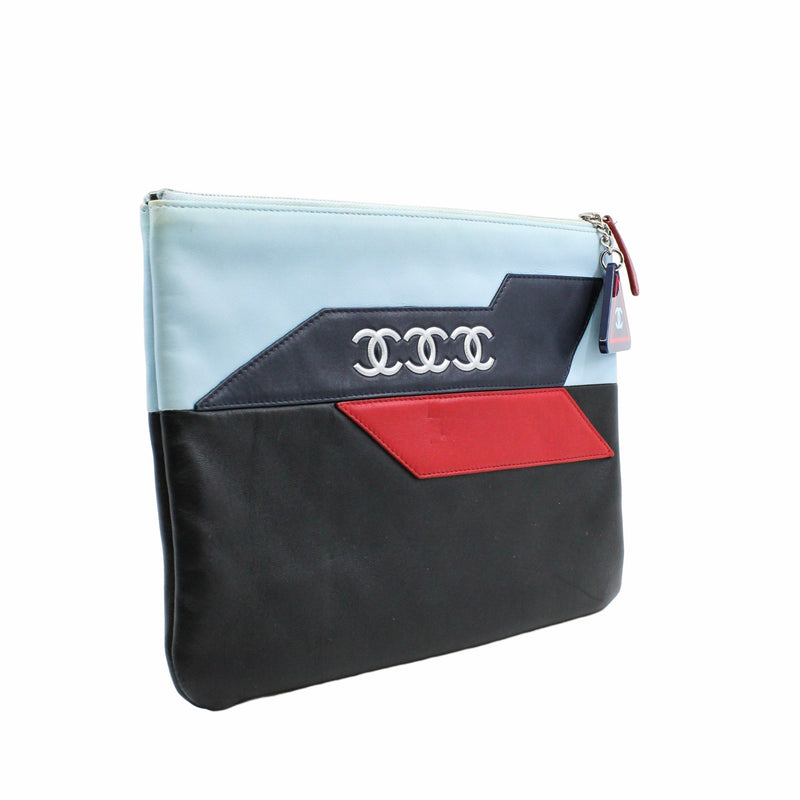 16P Airline Pouch /Clutch Lambskin Leather  Blue Red Black CC Logos PHW