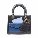 thumbnail lady dior medium black mix navy pocket calf skin in ghw - L'UXE LINK