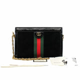 thumbnail ophidia clutch small black suede mix patent with chain GHW - L'UXE LINK