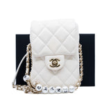 thumbnail cf vertical chain around side flap with pearl chain in lambskin white ghw seri #29 - L'UXE LINK
