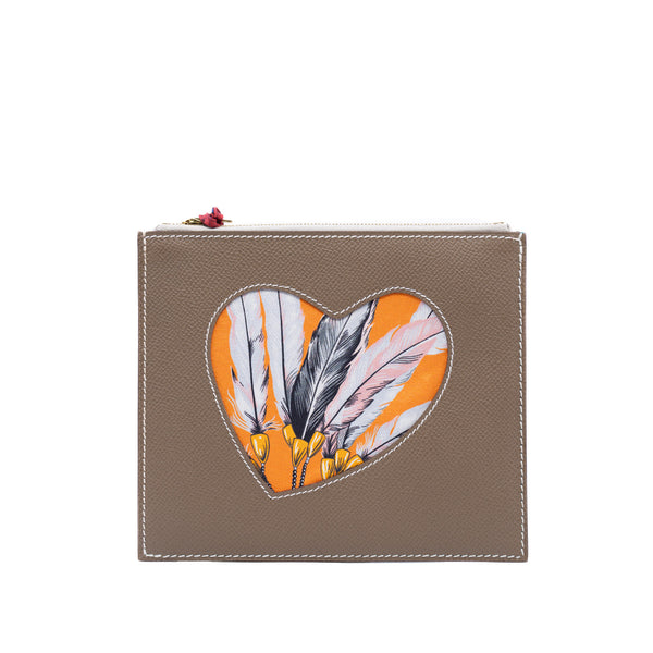 zippy pouch etoupe with orange feather silk green behind