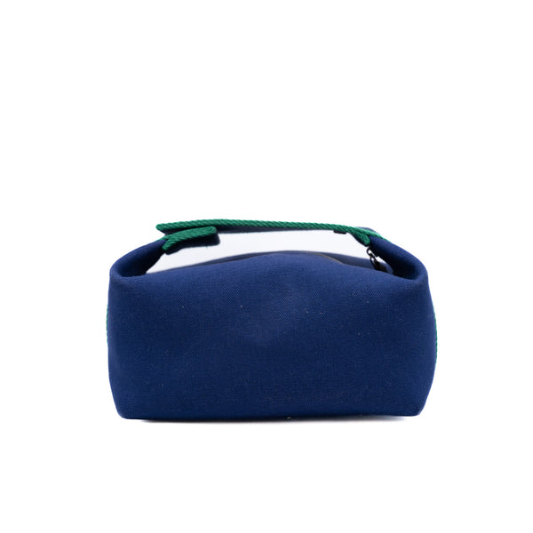 fabric blue small pouch with green line H