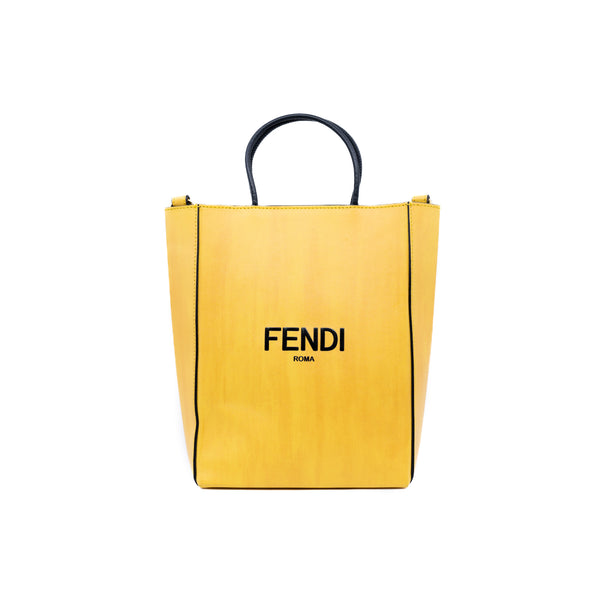 new FENDI Pack Small Shopping yellow leather logo print crossbody tote bag