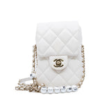 thumbnail cf vertical chain around side flap with pearl chain in lambskin white ghw seri #29 - L'UXE LINK