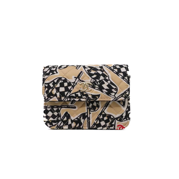 vanity card holder chain bag with fabric beige/black phw #KPG