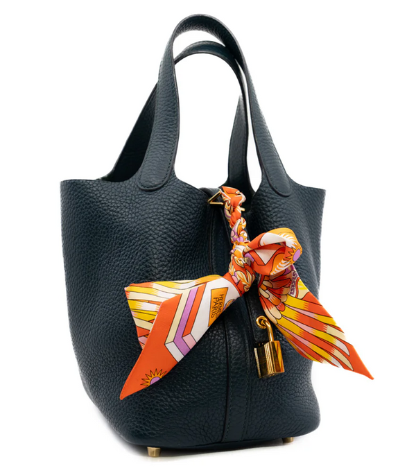 Black Hermès Picotin 18 styled with a floral scarf, perfect for an Australian summer Christmas celebration