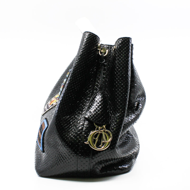 Black Python Leather Diorific Sequin Embroidered Patch Bucket Handbag GHW