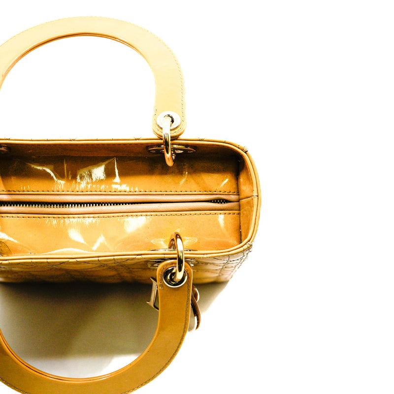 Medium Lady Dior In Beige Brown Patent Leather Cannage Handbag GHW With Strap